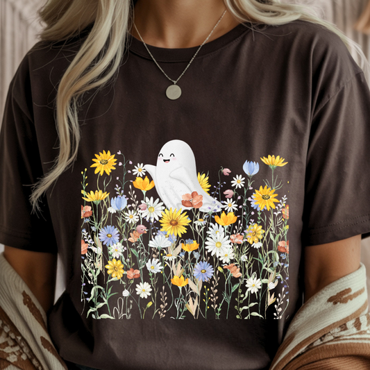 Happy Ghost in Wildflowers - Halloween Unisex T-Shirt
