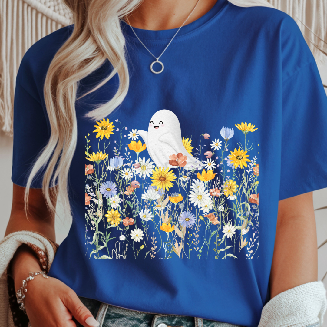 Happy Ghost in Wildflowers - Halloween Unisex T-Shirt