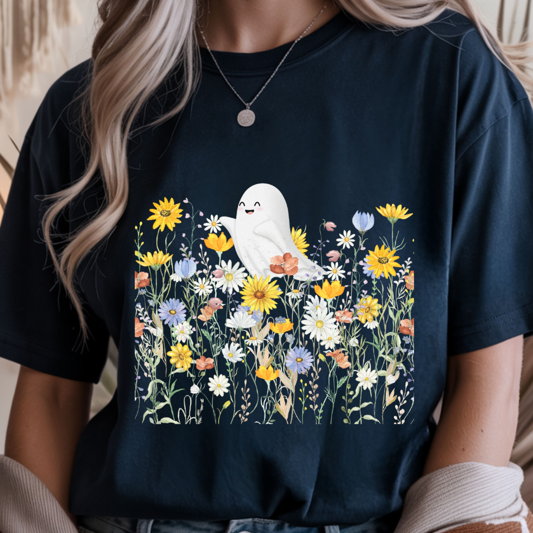 Happy Ghost in Wildflowers - Halloween Unisex T-Shirt