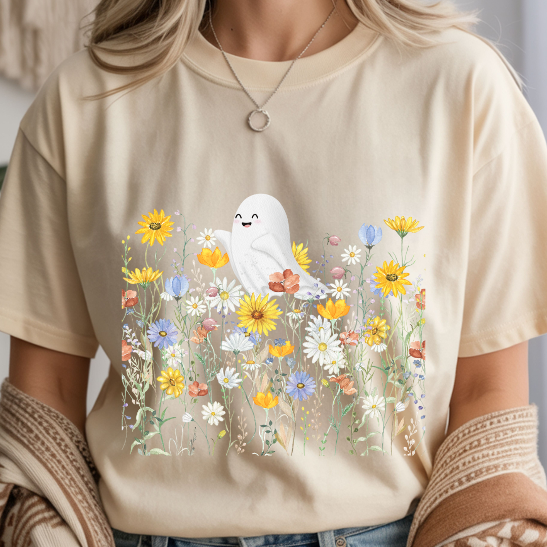 Happy Ghost in Wildflowers - Halloween Unisex T-Shirt