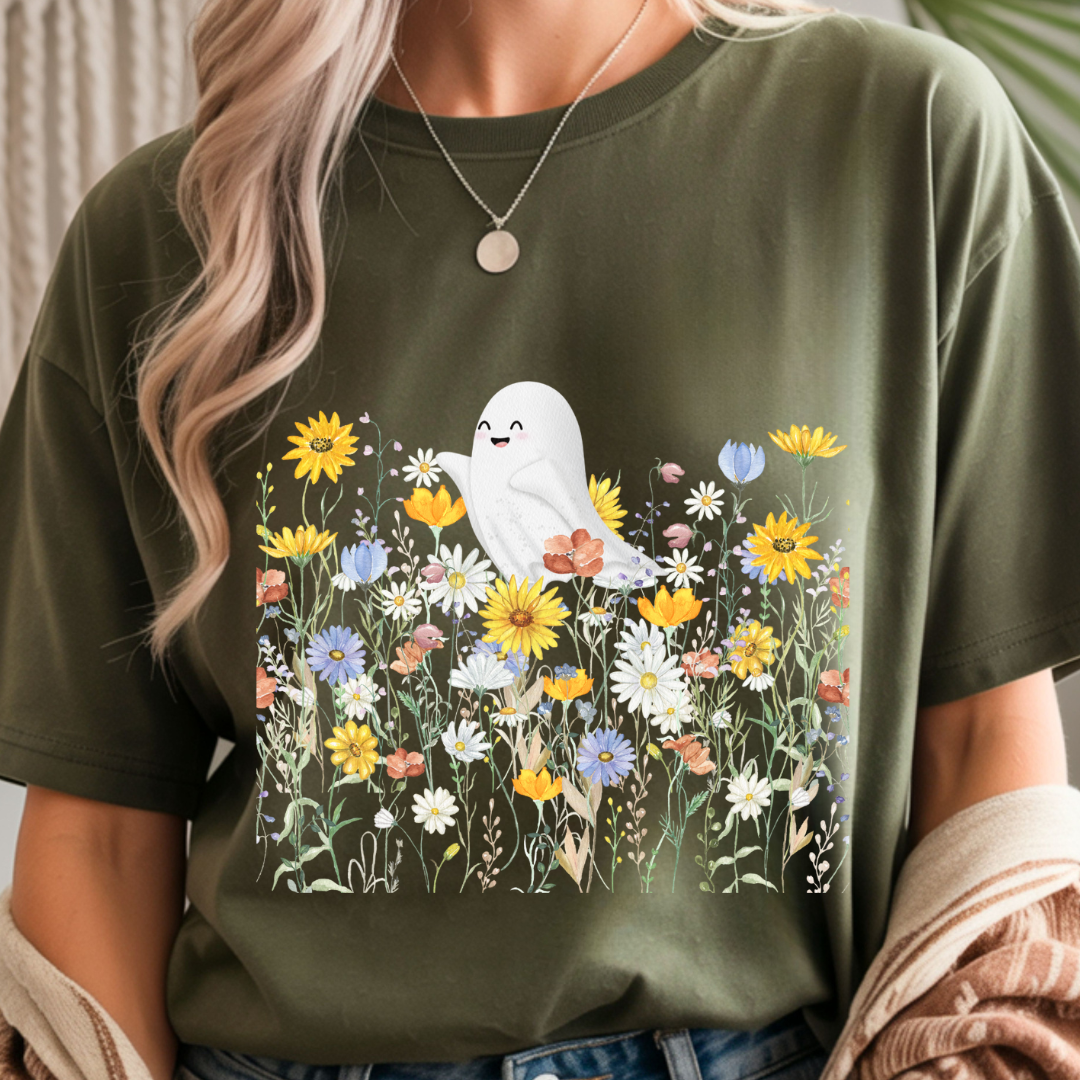 Happy Ghost in Wildflowers - Halloween Unisex T-Shirt