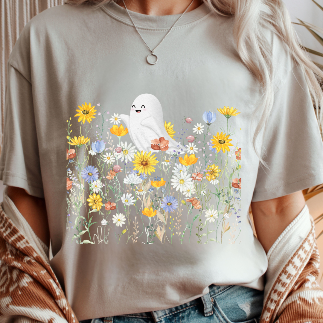 Happy Ghost in Wildflowers - Halloween Unisex T-Shirt
