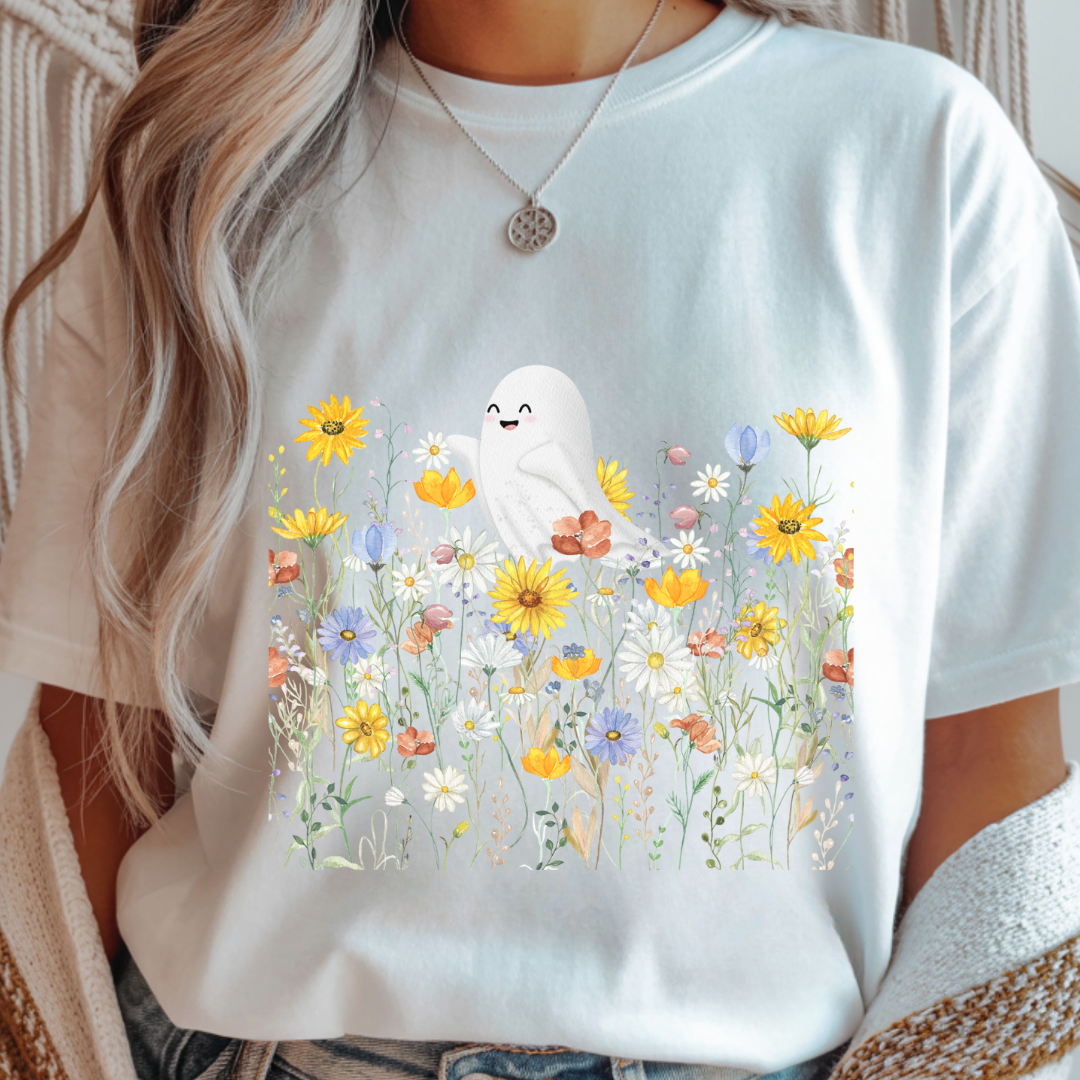 Happy Ghost in Wildflowers - Halloween Unisex T-Shirt