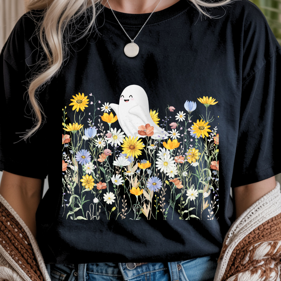 Happy Ghost in Wildflowers - Halloween Unisex T-Shirt