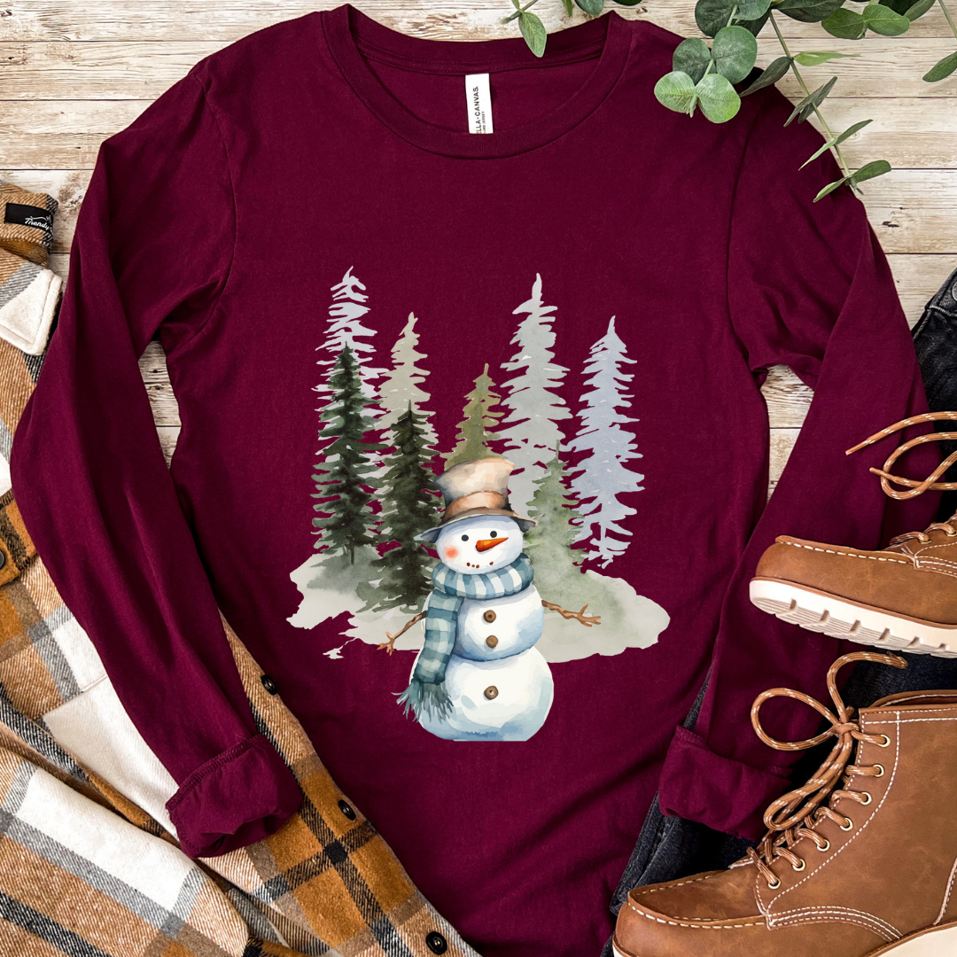 Snowman in the Forest - Winter Unisex Jersey Long Sleeve Tee